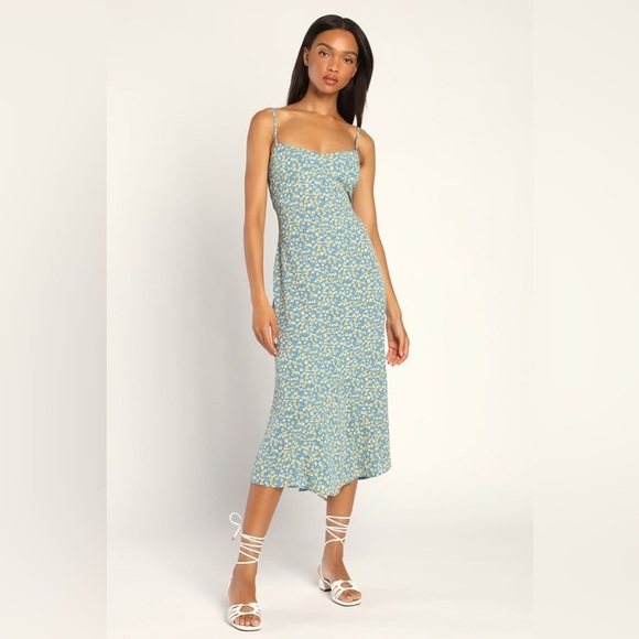 Lulus Adorably Floral Blue Floral Print Cutout Midi Dress - Picture 1 of 6